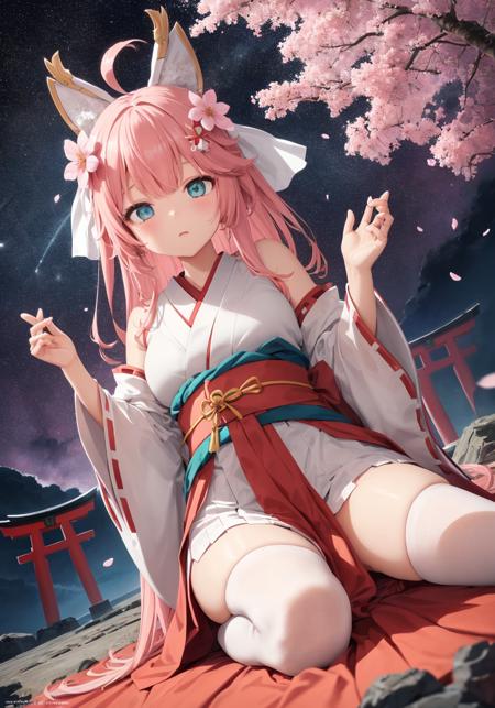 close-up,cinematic angle ,colorful startrails,((Cherry blossoms)),(torii),solo,neat figure,(young girl),(long hair),(aqua_eyes),(pink hair),(beautiful detailed eyes),((japanese_clothes)),(miko thighhighs),(geta),A rock with runes,ribbon,hair ribbon,bell,hair ornament,hair flower,hair bow,(ray tracing),reflection light,(((masterpiece))),((Clear picture)),(ahoge),ray tracing,(best quality), ((masterpiece)),(highres), original, extremely detailed 8K wallpaper, {an extremely delicate and beautiful},incredibly_absurdres,colorful,intricate detail,artbook,,{best quality}, {{masterpiece}},