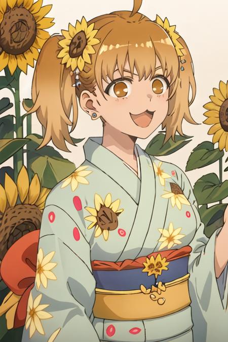 best quality, masterpiece, highres, solo, {yoshi_donttoywithmemissnagatoro:1.15}, twintails, brown_eyes, earrings, jewelry, ahoge, :3, hair_ornament, smile, blonde_hair, orange_hair, brown_hair, 1girl, :d, flower, green_kimono, hair_flower, japanese_clothes, kimono, open_mouth, sunflower, sunflower_hair_ornament, yukata, bangs, looking_at_viewer, stud_earrings, upper_body, v-shaped_eyebrows, empty_eyes, floral_print, obi, orange_eyes, sash, virtual_youtuber