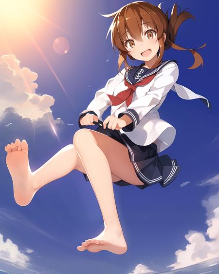 masterpiece, (best quality:1.4), photorealistic, best illustration, best shadow, (beautiful detailed:1.4), finely detailed, (dramatic light:0.6), HDR, ray-tracing, intricate details, 1girl, solo, full body, falling, blue sky, (midair), (inazuma:1.1) from kantai collection, short hair, brown hair, brown eyes, hair up, very long sidelocks,  smile, barefoot, white shirt, sailor collar, anchor symbol, skirt, finely detailed iris,