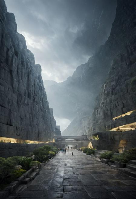 (POV view , DOF, first people view from the entrance, low angle shot:1.4), in haevy rain,
(Ancient civilization, Alien Prometheus movie scene, dune movie scene:1.5), (The colonial city of the future, in the mist-filled Grand Canyon, on an unknown Earth-like planet, 2 moon on sky, Spaceship flight connects colonies, waterfulls:1.3), (Machu Picchu, a mountain settlement, incredibly spectacular:1.2), (Mario Botta:1.3), (avant-garde, future, reality, science fiction, photorealistic), (modern architecture:1.2), White limestone and black granite, fountain, waterfall, landmark, square, path, narrow street,
(Large Files, Ultra Realistic, 8K, 16k, FHD, HD, VFX, Perfect, Photography, composition, Architecture Sales Photography, Architecture Competition, Ultra High Resolution, Cinematography, High Resolution Image:1.1), (dramatic lighting, direct sunlight, ray tracing, clear shadow:1.2),  (real landscape:1.1), (blurred background:1.0), (urban background, more_details) ,
extremely detailed, hillscastel, great lighting, Archiviz