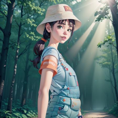 1girl, solo,  <lora:DuskMae-09:0.75>, denim overalls, bucket hat, dynamic pose, full body shot, cowboy shot, (8k, masterpiece, uhd:1.5), orange bandage on nose, looking at viewer, in a forest, god rays, sunny,  <lora:add_detail:0.6>