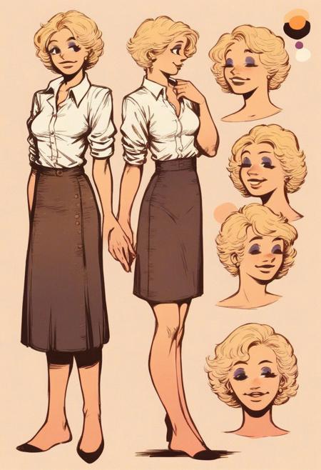 score_9_up, score_8_up, score_7_up, score_6_up, 1girl, solo, pepper_PT, short hair, blonde hair, earrings, blouse, medium breasts, skirt, eyeshadow, gentle smile, reference sheet, (full body, from side, front:1.1),(retro artstyle, painted art)