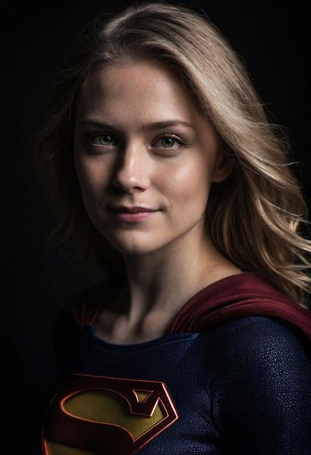 Close-up, (SUPERGIRL), grim smile, relaxed pose, portrait movie shot, serious, menacing, chiaroscuro style photo, dark background, minimalism, dramatic lighting, professional quality, dull highlights and shadows, natural and   original, laser eyes