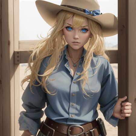 masterpiece, best quality, one extremely beautiful female, wild_west, blonde_hair, outlaw, cowgirl, town, 1girl, {{{solo}}}, blue_eyes,