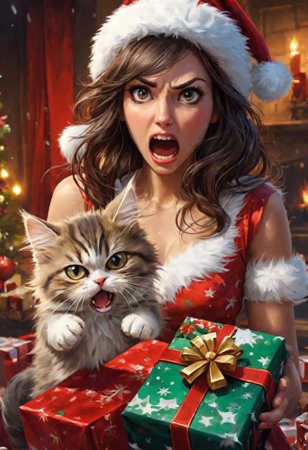 unique realistic, a shocked women in a Christmas dress holding a ripped up gift, BREAK, (fluffy angry kitten inside a gift:1.8) (bursting free of a wrapped Christmas gift:1.8), (Angry and hissing:1.2), A (Shocked women holding the gift:1.8), a phantasmagoria, Egyptian Night Atmosphere, Dynamic Angle, Dramatic Lighting, desert winter masterpiece, digital painting,<lora:add-detail-xl:1.4>, windy epic polar, ,(luminous cat eye),professional make-up, mesmerize