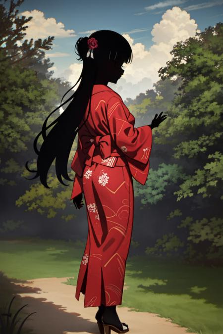 1girl, (masterpiece:1.3), high quality, high detailed, (solo), hair ribbon, (black skin:1.3), hair flower, black hair, long hair,  kate, yukata, japanese clothes,   <lora:kate-08:0.9>, outdoors, (black face:1.3), looking at viewer, <lora:23-3-14-jianying1.1:0.6>