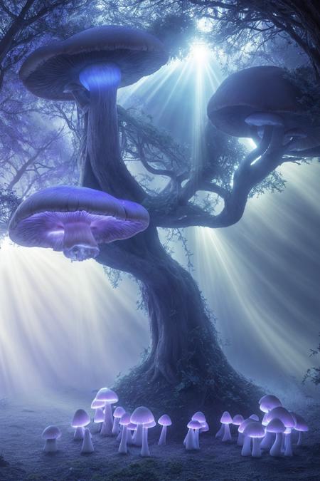 misty enchanted forest, glowing mushrooms scattered on the forest floor, ancient trees with twisting branches, soft blue and purple lighting, gentle fog rays through trees, fantasy magical vibe, high detail forest floor
