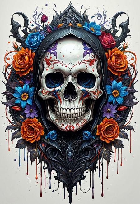 Finely detailed vector illustration. skull and flowers, ultra realistic quality,circle symbols,white background oil painting concept art portrait by Greg Rutkowski,Artgerm,hyperdetailed intricately detailed Gothic art trending on artstation triadic colors,fantastical,intricate detail,splash screen,complementary colors,fantasy concept art,8k resolution,Gothic DeviantArt masterpiece,oil painting,heavy strokes,paint dripping.
