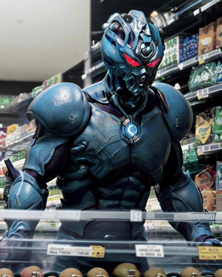 high res, production photo, Guyver, g01, blue biobooster armor,  upper body, close-up, glowing red eyes, control medal, weapon, action shot, space,  volumetric lighting, sidelit, volumetric fog,  (at the supermarket:0.6), <lora:Guyver_v15:1>