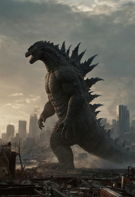 epic but calm scenery, Chiaroscuro Lighting Style, cinematic show particles in the foreground, detailxl, (shallow depth of field:2), godzilla above a small city, a godzilla with his massive tail and his plates all over his back, spacious, foggy morning, city is partially destroyed, (Garrett Edwards movie style)