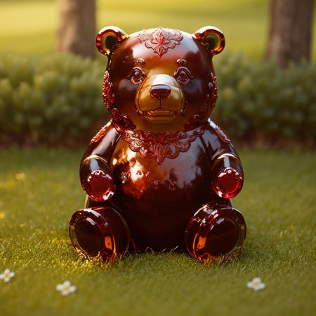 a (red glaze, transparent:1.1) bear, (solo:1.2), sitting in lawn, <lora:colouredglazecd-000006:0.8>, colouredglazecd, no humans, high quality, masterpiece, realistic, photorealistic, long-focus, (outdoors)