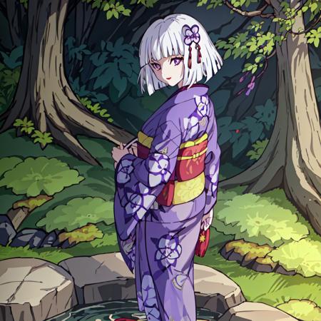 Ubuyashiki_Family, 1girl, solo, short hair, hair ornament, flower, white hair, japanese clothes, blunt bangs, kimono, sash, makeup, obi, floral print, bob cut, lipstick, red lips, print kimono, ringed eyes, purple kimono, purple eyes, sandals