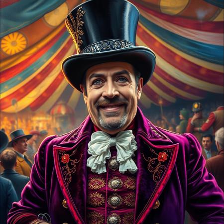 Within the chaotic swirl of a whimsical circus tent, a magnificent ringmaster commands attention with his elaborate attire and charismatic presence. This vivid and detailed painting captures every intricacy of his costume, from the shimmering sequins on his top hat to the intricate embroidery on his velvet coat. The image is a breathtaking portrait, showcasing the ringmaster's vibrant personality and commanding presence with masterful brushstrokes and brilliant colors. Viewer's are transported into the enchanting world of the circus, where every detail is alive and full of wonder.