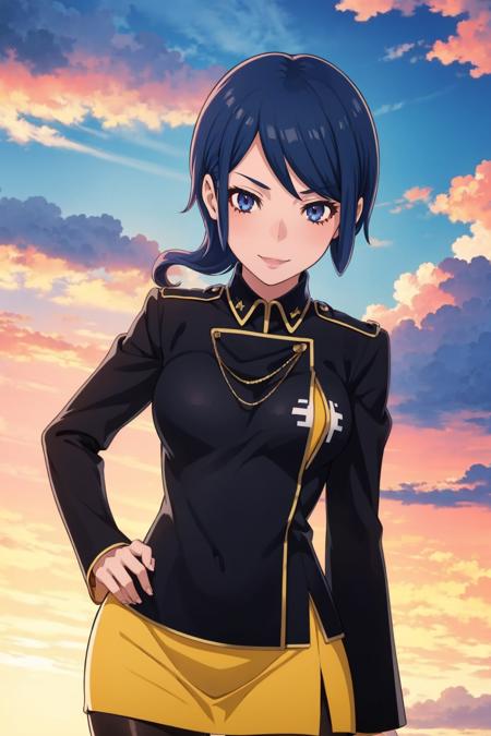 masterpiece, best quality, solo, 1girl, looking at viewer, smile,   <lora:Makoto-Sako_Fp_1:1>, makotodesu2, uniform, skirt, pantyhose,  <lora:FE-ENGAGE S Rank_Fp:1>, sky, cloud, sunset,