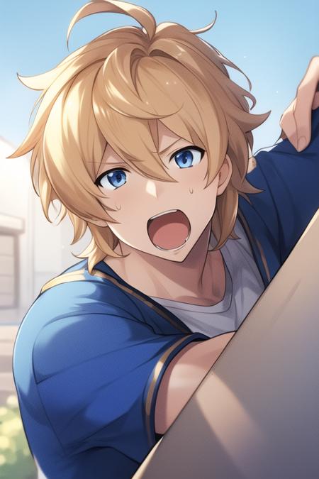 <lora:gbf_Romeo18:0.55>Romeo,solo,male,(granbluefantasy:0.7),blonde hair,medium hair,blue eyes,shouting,sweatdrop,casual clothes