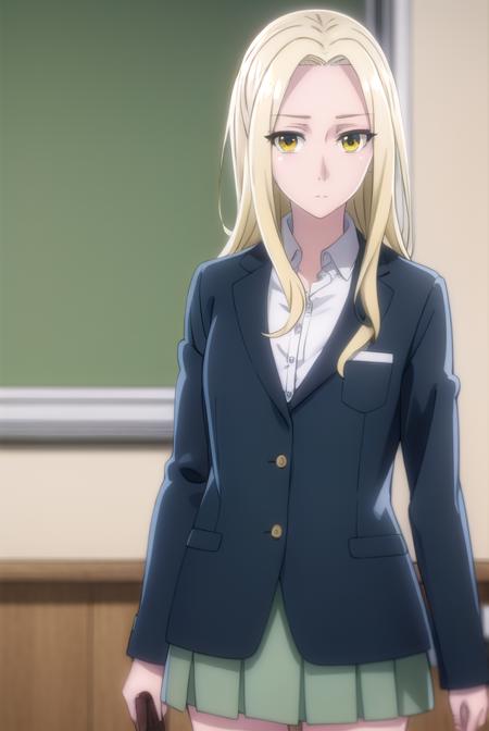 rioamakusa, <lora:rio amakusa s1-lora-nochekaiser:1>,
rio amakusa, long hair, blonde hair, (yellow eyes:1.2), (forehead:1.2),
BREAK skirt, shirt, long sleeves, school uniform, jacket, white shirt, pleated skirt, socks, miniskirt, blazer, cardigan, green skirt,
BREAK indoors, classroom,
BREAK looking at viewer, (cowboy shot:1.5),
BREAK <lyco:GoodHands-beta2:1>, (masterpiece:1.2), best quality, high resolution, unity 8k wallpaper, (illustration:0.8), (beautiful detailed eyes:1.6), extremely detailed face, perfect lighting, extremely detailed CG, (perfect hands, perfect anatomy),