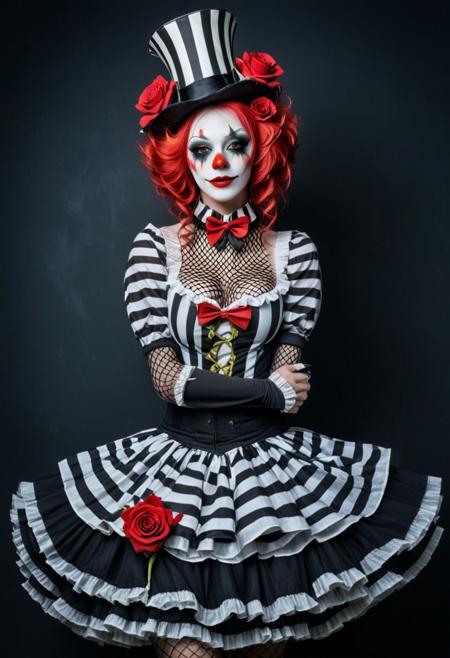 A beautiful woman with vibrant red and white hair, wearing clown-like makeup on her face, black nails shaped like roses, a striped top hat, fishnet sleeves and a skirt, holding her hands around her neck, set against a dark background, in a fantasy style, with hyper-realistic photography and photorealistic elements
