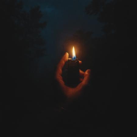 horror,night,cigarette lighter in hands,dark atmospher,starrystarscloudcolorful,shines a lighter on himself from below,Face lighting from below,bottom view,forest,8k,<lora:- SDXL - vant_blk_contrast_V2.0:0.7>,<lora:Desolation:0.5>,<lora:handmix101:0.8>,hand101,