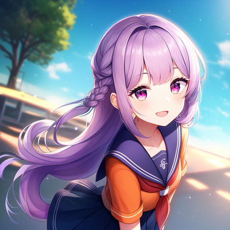 portrait, (solo, 1girl), day time, small breasts, (Magenta eyes), long hair,(Light Purple hair) french braid, (Orange school uniform, serafuku), classroom background, best quality, 1girl, dog tail, smirk, open mouth, (anime, waifu, new, newest:1.2), (exceptional, best aesthetic, new, newest, best quality, masterpiece, extremely detailed, anime, waifu:1.2)