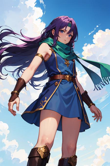 masterpiece, best quality, farisscherwiz, purple hair, headband, scarf, blue dress, bracer, short dress, belt, boots, (from below:1.4), looking at viewer, confused, sky <lora:faris-nvwls-v1-000010:0.9>