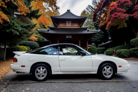 NSSN240SX , parked in front of a japanese pagoda, fall weather, ultra wide angle, masterpiece, award winning, sunset, beautifully detailed fall foliage, cinematic lighting, style-autumn:1.0, sharp focus, smooth, intricate details, 8k wallpaper, trending on artstation    <lora:NSSN240SX:0.8>