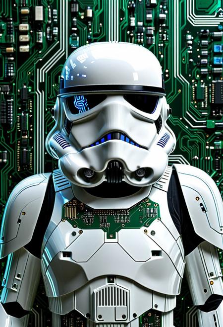 TzigoCBS, a Star Wars stormtrooper helmet and armor made entirely of intricate circuit boards, glowing green and blue LED pathways tracing across the white armor plates, electronic components forming the iconic design details, resistors and capacitors creating texture, masterpiece digital art, 8k ultra detailed, dramatic lighting, cyberpunk aesthetic, professional photography, award winning composition, hyper realistic, sharp focus