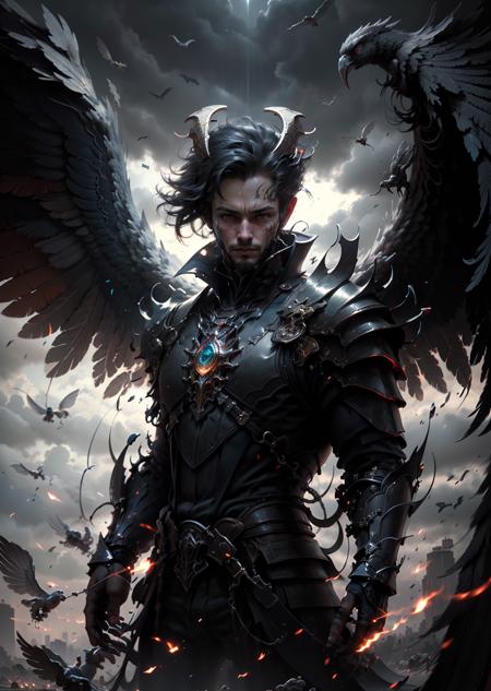 BJ_Daemon,solo,looking_at_viewer,black_hair,1boy,closed_mouth,standing,male_focus,wings,horns,armor,bird,shoulder_armor,gem,black_wings,
cinematic lighting,strong contrast,high level of detail,Best quality,masterpiece,White background,<lora:Daemon:0.7>