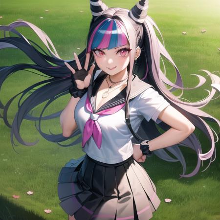 Mioda Ibuki /(Danganronpa/)
sakana
city, park trees, flowers, bank
ultra-detailed, masterpiece, illustration, 8k, masterpiece world theater, realistic shadows, wind, gradient, volumetric lighting, cute,  ambient lighting, colorful, glowing particles, beautiful detailed eyes
1girl, solo,  jewelry,, ear piercing, necklace, (scrunchie), striped glove, ((single glove)), (black skirt:1.1), lip piercing
tongue out,  smug
cowboy shot,