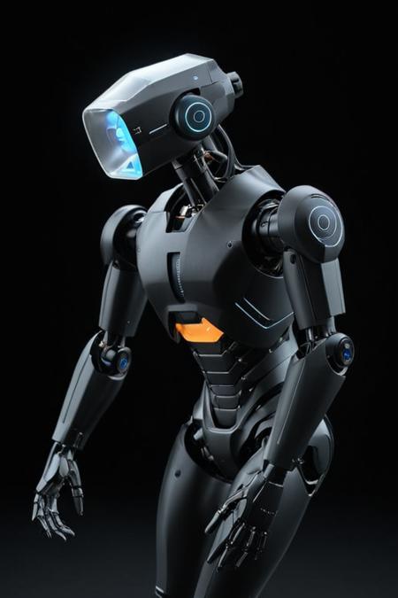 huminoid robot, glow, ((daniellepik)), ((lemanoosh)), product shot, frosted glass, sleek minimalist futuristic product design <lora:Sleek_Product_Design:1> black background
