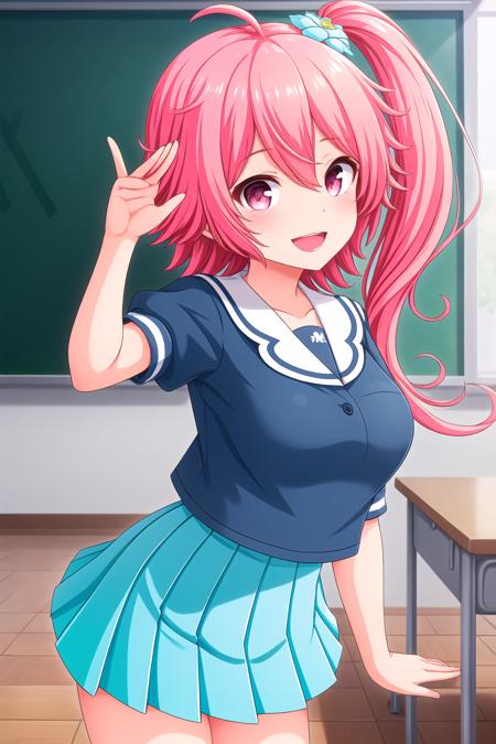 (masterpiece, best quality), highly detailed background, perfect lightingbest quality, takaraumi, solo, indoors, classroom, pink hair, ahoge, side ponytail, hair flower, hair ornament, hair between eyes, pink eyes, breasts, blue serafuku, blue shirt, salute, arm up, blue skirt, pleated skirt, school uniform, smile, open mouth, :d, pink lips, <lora:Takara-Umi:0.7>