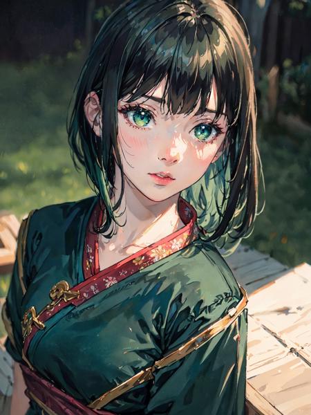 ((photorealistic:1.4)), finely detail, full-body shot, detailed full body features, ((1 girl)), ((solo)), ((extremely detailed face)), chinese girl, ((short straight hair)), ((black hair, bangs)), ((green hair)), perfect lighting, masterpiece, best quality, ultra-detailed, kawaii, chest, long hanfu, light, color, texture, detail, beauty, wonder,  colorful, shuimobysim