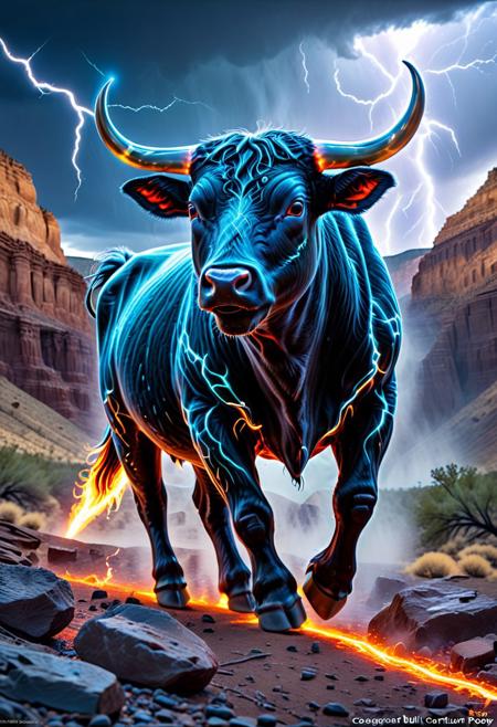 In the heart of a stormy canyon, a raging bull with obsidian-black fur and eyes glowing like embers charges through the landscape, its hooves sparking fire with every stomp. Legends say this bull was born from lightning itself, a spirit of fury unleashed to protect an ancient treasure buried beneath the canyon floor. As thunder roars above, the bull confronts a lone wanderer, who must decide: face the beast head-on or uncover a way to calm its tempestuous soul.
