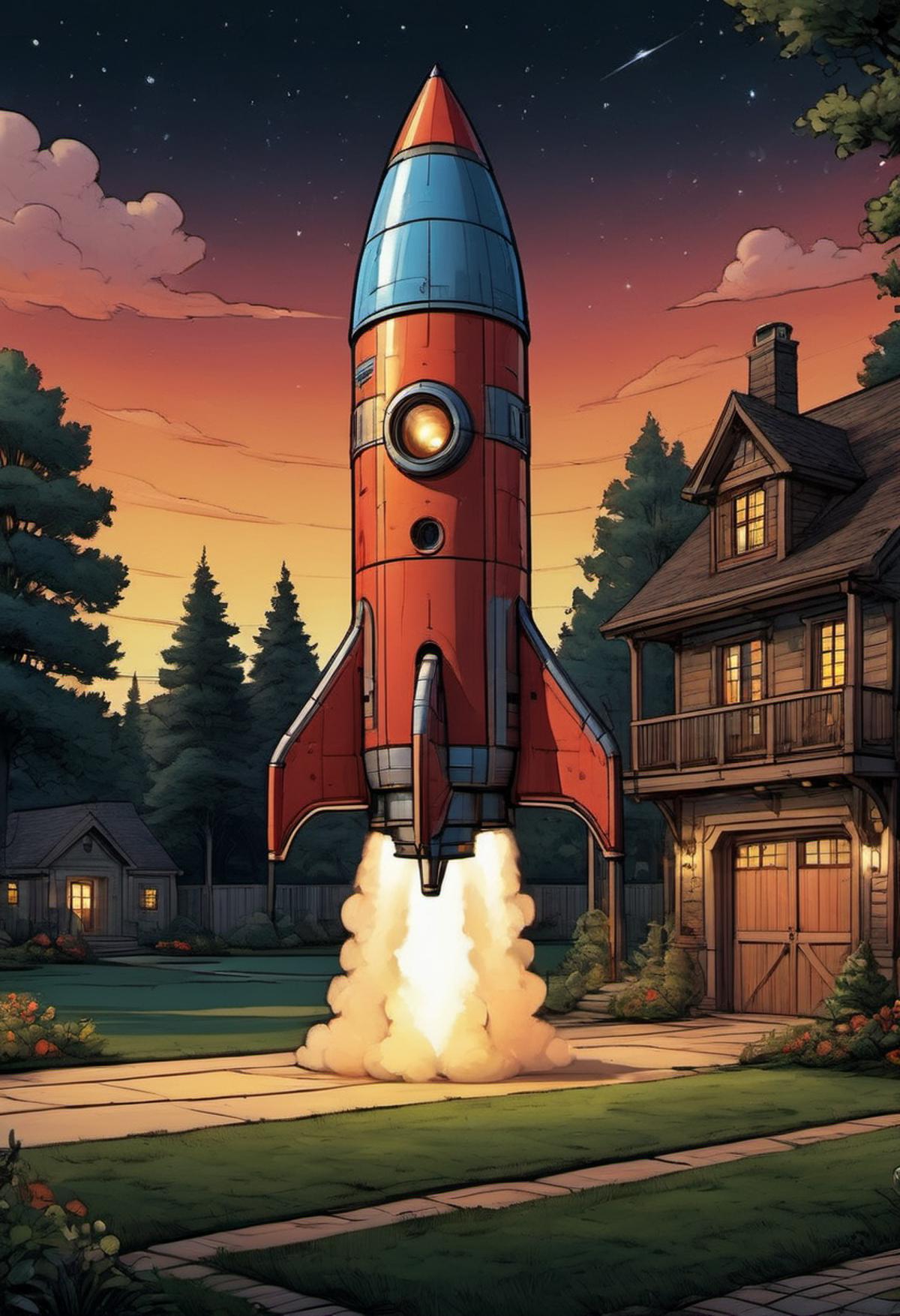 A Red Rocket Ship Launching into Space in Front of a House