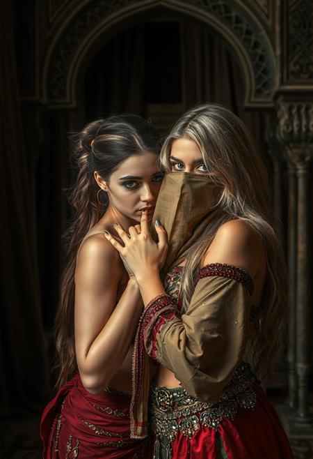 score_9, score_8_up, realistic, muted colors, medium contrast, subtle lighting, realistic, duo, 1female, beautiful eyes, hyper detailed background, woman in a ponytail and another one with blonde hair in a harem belly dance outfit, covering her face with a mouth veil and looking down at her hands, face covered mouth veil hands back, hyper-realistic style, give a more detailed mannered, clear, both of them covered their faces with veils, done makeup on face, and equip belly dance outfit, Arabian harem room, silk drapes, arches, geometric designs