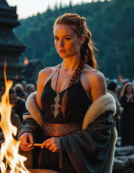 RAW full body image of a gorgeous 25 years old Gorgeous Viking Woman auburn haired, hair in a ponytail, <lora:NordicByNature:0.8>,Keeper of Sacred Fire, A Viking woman tending a ceremonial flame in a grand temple, her expression solemn as she honors the gods.,high quality, film grain, Fujifilm XT3, 8k uhd, dslr, film grain, kodak tri-x 400 film, grain photo DOF, faint lighting, dynamic angle, cinematic, Depth of field, bokeh, best quality, cinematic, light particles, highly_detailed, very_aesthetic, golden hour, beautiful_and_aesthetic clear focus, high resolution image, (soft naural light), (rembrandt light), (soft shadows) ,Sexy pose, erotic pose, exhibitionism,