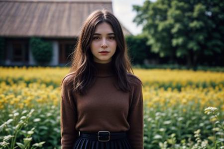 35mm film, one pretty european girl, solo, supermodel, brown hair, long wavy hair, pale skin, slim eyebrows, perfect face, small nose, blue eyes, symmetric thick lips, big tits, nice breasts, cleavage, necklace, jewelry, blue lace dress with a belt, looking at viewer, slightly smiling, a breath taking flower garden view, offering panoramic views of majestic and sweeping flower blooming fields, cottage house, summer garden, summer house, natural light, full body, epiCPhoto, <lora:pytorch_lora_weights:0.5>, <lora:picxer_real:0.7>, <lora:FilmVelvia3:0.3>, <lora:more_details:0.6>
