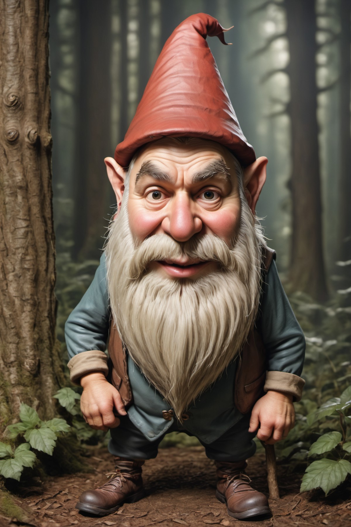 caricature full length portrait of a forest gnome peeking