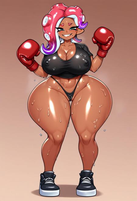 score_9, score_8_up, score_8,1 girl, 1girl,curvy, perfect body, ass ripples, wet, messy, smug smile, perfect ((octoling, octoling girl, tentacle_hair, octarian, agent 8 from splatoon: octo-expansion)), (pink hair, brown body , brown skin:1.5), (black t-shirt, oversized shirt, black Qos thong :1.7), <lora: Clothing_OversizedShirt:1>,lora:seeThroughSilhouette:0.7>, black shirt,  slutty face, smile, wide hips, hyper hips,(wearing boxing gloves, boxing:1.7), bottomless, big breast, thick thighs, wide hips, voluptuous, solo, fat ass, bottom-heavy, (wide hips:1.5), sweat, sweaty, <lora: LoRA / Concept | Wide Hips (+Plump):1.5>,looking at viewer,curvy body, thick thighs, hyper bottom,gigantic ass,big legs,extremely bottomheavy,wide butt,large curvy bottom, solo, muscular things, eyelashes, school corridor background, horny, insanely aroused, bedroom eyes, big breasts ,sweat drops, huge breasts, breasts together, sweating profusely, textured skin, expressive, exhausted, looking at viewer, smile, (wide hips:1.4), (Voluptuous:1.4), Thicc, cleavage, pretty, half closed eyes, erect nipples, long legs, kin, expressive, exhausted, smile,(Voluptuous:1.4), Thicc, cleavage, half closed eyes, erect nipples, long legs,toned,shiny skin,oily,lubricated butt,plump labia,mound of venus,fatmons, front view