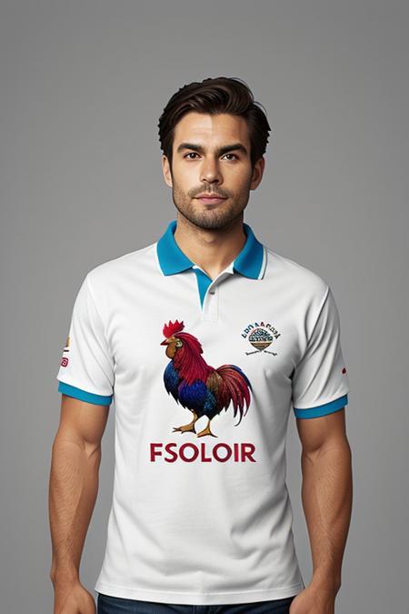 FRESHIDEAS Embroidery style logo, POLO SHIRT LOGO, MALE FOCUS, SIMPLE BACKGROUND, POSITION ON THE CHEST, APPROPRIATE SIZE. (A colorful rooster LOGO, English text "idea", solo)