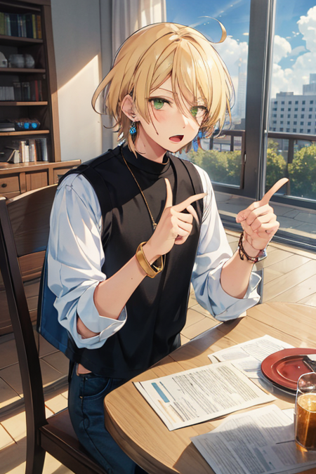 <lora:AiraShiratori-03:0.7> , aira shiratori, solo, looking at viewer, open mouth, blonde hair, shirt, 1boy, jewelry, sitting, green eyes, male focus, earrings, sky, day, bracelet, chair, table, pointing, building