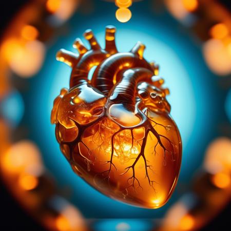 faetastic improved cinematic photo, 35mm photograph, film, professional, 4k, highly detailed,
An amber fragment in the (exact anatomical shape of a Human Heart:1.40),
The amber fragment is a smooth, with a warm golden-brown hue. Its surface is polished, gleaming softly under light, revealing a mesmerizing play of golden, honey, and orange tones. Tiny air bubbles and organic inclusions are scattered throughout, lending it a sense of antiquity and natural complexity.
it looks like a perfectly preserved Human Heart lies suspended in time, its delicate body encased in the translucent amber.