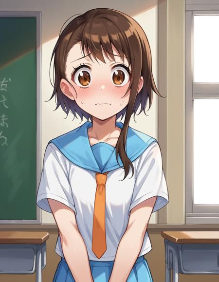 kosaki onodera, short hair, bangs, brown hair, brown eyes, short hair with long locks, asymmetrical hair, medium breasts, skirt, shirt, thighhighs, school uniform, collarbone, white shirt, pleated skirt, necktie, serafuku, sailor collar, blue skirt, blue sailor collar, orange necktie,