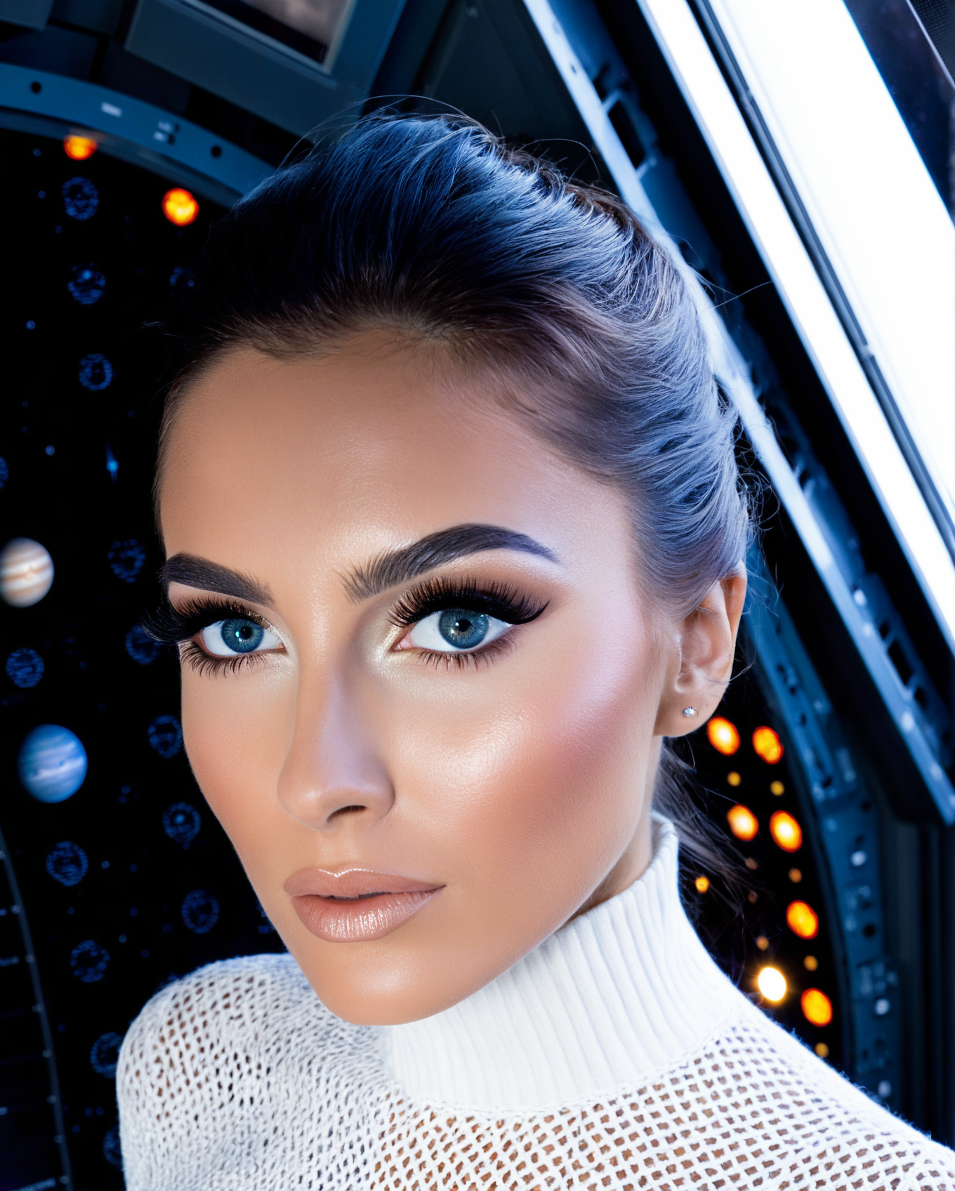 (Upper body photo:1.1). 1Female. Wearing a long sleeve white knit mesh top and pants. Detailed eyes framed by long, perfect eyelashes. Elegant eyeliner. Light make-up. Detailed face. Soft features.. Standing inside a space ship. Large window. Universe, space, solar system. Sci-fi theme. Epic cinematic view.  Photorealistic, Natural atmospheric lighting, intricate details, 35mm photograph, film, professional, 4k visuals, highly detailed, elegant, studio quality.
