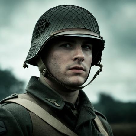 Dark Fantasy Art of (Cinematic Film stock footage style) in (arri alexa style) (Kodak film print style),
 <lora:cinematic ww2 style:1>
an epic ww2 photo of a us allied soldier in a helmet looks off to the side cinematic ww2 style, dark, moody, dark fantasy style