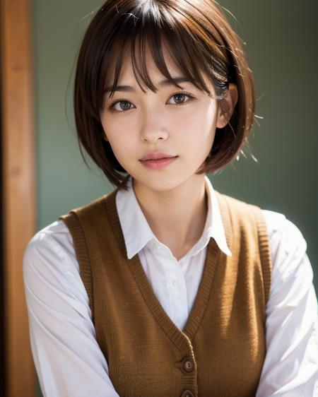 best quality, face focus, soft light, ultra high res, (photorealistic:1.4), RAW photo,
1japanese girl, solo, cute, (shy smile:0.5), (brown eyes, lights in the eyes),  detailed beautiful face, (small chest),(high resolution detail of human skin texture),
(short bob hair)
BREAK,
in classroom,navy school uniform, vest, skirt