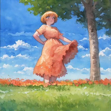 painting \(medium\), traditional media, watercolor \(medium\), 1girl, solo, flower, outdoors, sky, cloud, day, grass, blue sky, standing, orange flower, wide shot, tree, field, pink flower, <lora:misawaHiroshi-000005:1>