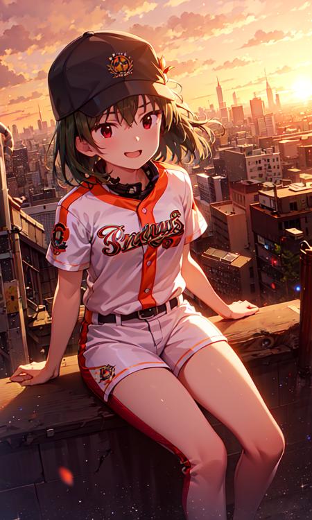 subaru nagayoshi (million live), (best quality, 8K, masterpiece, ultra detailed:1.2), cinematic angle, shadow, volume lighting, sparkle, blurry background, backlighting, sunset, orange sky, beautiful sky, sunbeam, gradient sky, starry sky, constellation, wind, floating hair, cityscape, city lights, skyline,
1girl, solo, smile, cool, outdoors, playground, baseball cap, baseball uniform, looking at another, full body,