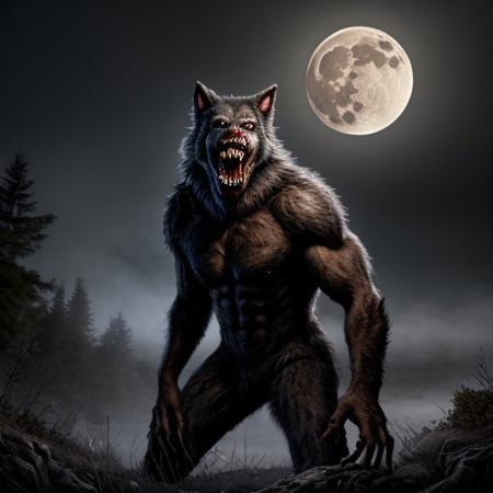 <lora:werewolf_v0.2:1> 1boy, werewolf, howling, full moon, night, clouds, fog, horror \(theme\), monster, sharp teeth, (masterpiece), (best quality), (highly detailed), strong werewolf