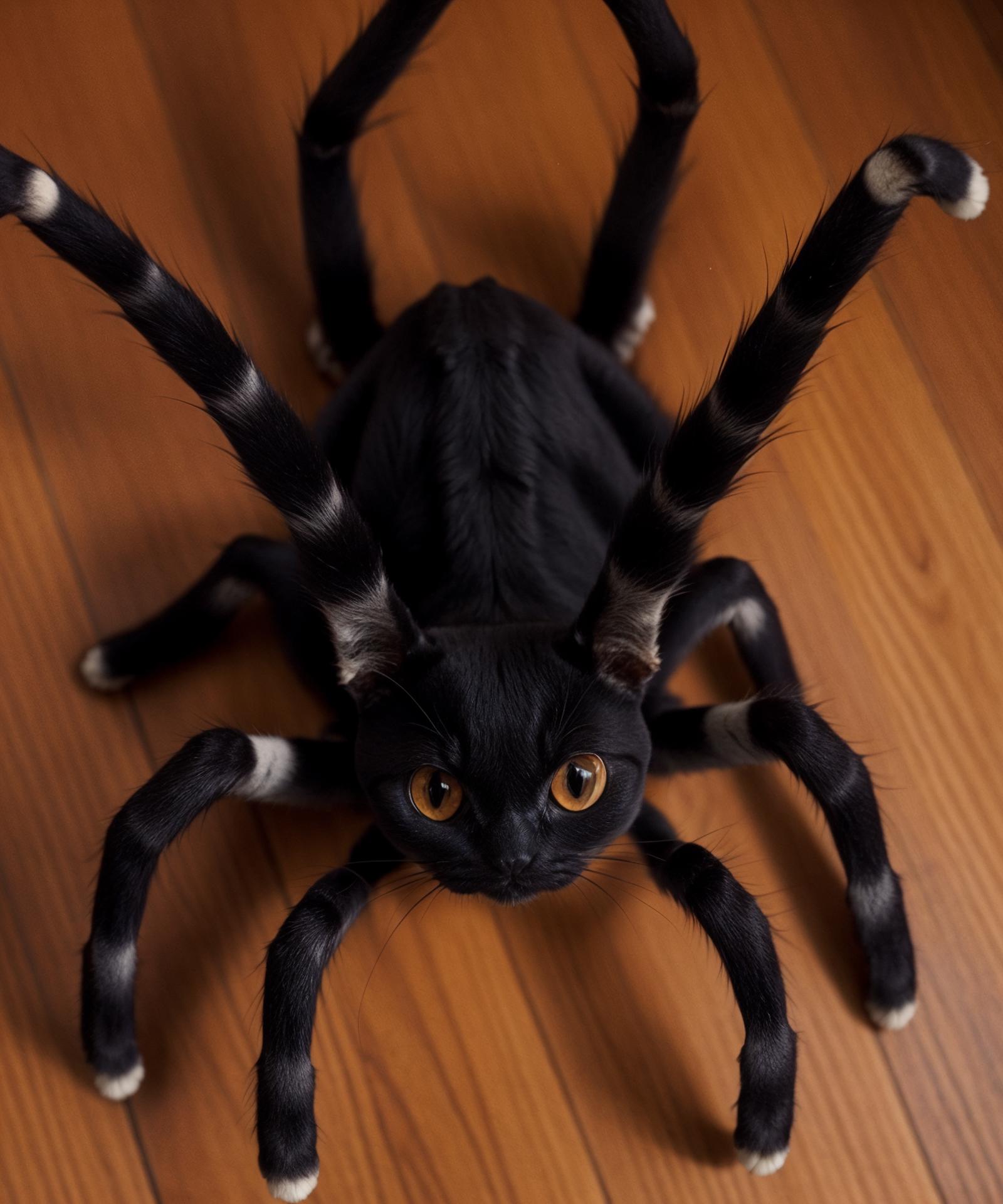 A spider cat toy on a wooden floor.