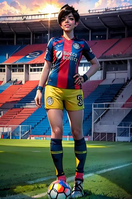 (extremely detailed CG unity 8k wallpaper), (best quality), (ultra-detailed), (best illustration), 1girl, detailed soccer stadium, outdoors, beautiful sunlight, soccer uniform, shorts, socks, soccer,  green field, smiling <lyco:sanlorenzo-10:0.8>,  <lora:tracerLast:0.5>, tracer